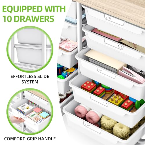 10 Drawers Rolling Cart with Wooden Tabletop, Utility Storage Cart with Wheels, Art Supply Craft Organizer on Wheel with Metal Frame & Handles for Home Office School (Pure White)