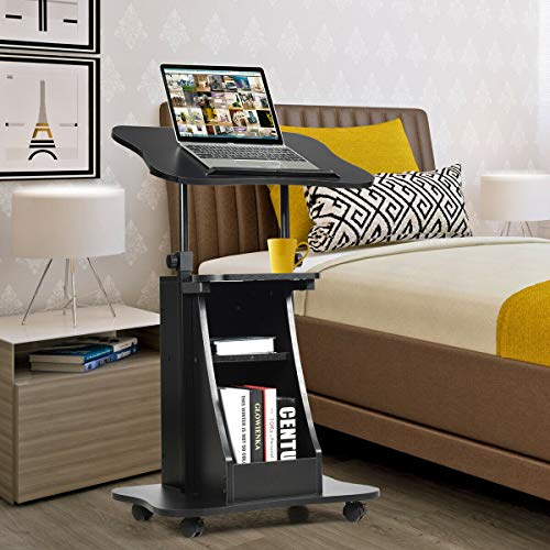 DORTALA Laptop Cart, Height Adjustable, Podium Desk Stand, w/Wheels, Sit-to-Stand Rolling Stand Laptop Desk Cart, w/Swivel Top and Storage, Ideal for Home Office, Black