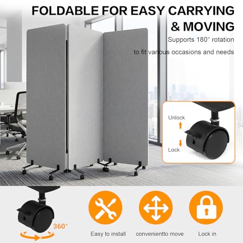 70.8×65.75 Inch Wall Divider, Freestanding Office Partitions, Noise Cancelling Room Dividers, Wall Partition with 12 Lockable Wheels, Office Divider for Classroom, Hospital (light gray, 65.75H-Pulley)
