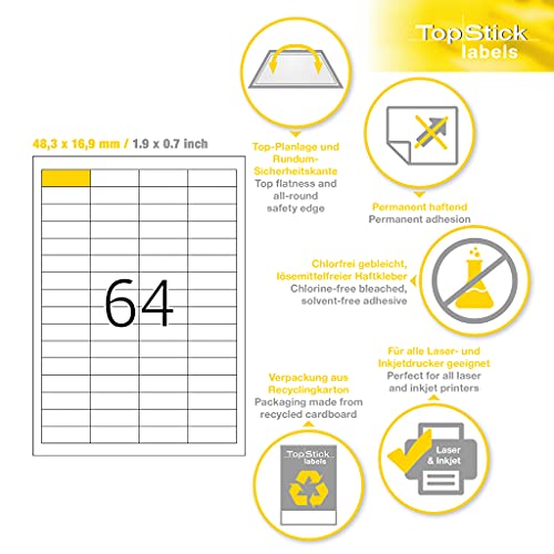 TopStick 8730 Multi-Purpose Labels, 64 Labels Per A4 Sheet, 48.3 x 16.9 mm, 64000 Labels, Self Adhesive, Mini Stickers for Laser and Inkjet Printers, White