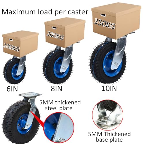 Mavvilo Heavy Du Swivel Casters with Brakes Industrial Air-Filled Wheels for Shock Absorpt Set of 2 Silent Rollers for Trolleys Fur Dollies Workbenches,10In-Brakes