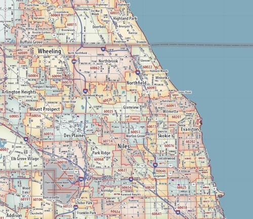 Chicago Metro Area ZIP Code Laminated Wall Print (42” wide x 56” high)