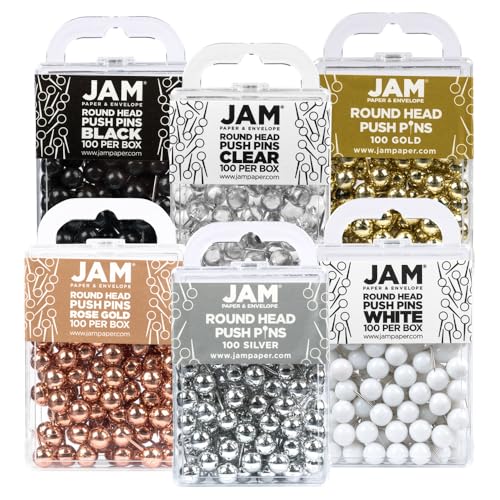 JAM PAPER Colorful Push Pins - Round Head Map Thumb Tacks - Assorted Business Colors - 600/Pack