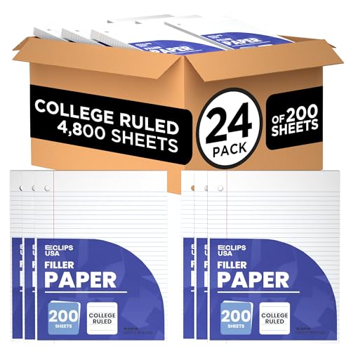 Loose Leaf Paper College Ruled Notebook Paper College Ruled Lined Writing Filler Paper 10.5” x 8” 4800 Sheets 200 Sheets Per Pack 60 gsm (24 Pack)