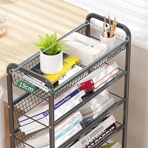 NUHSLF Rolling Book Cart, Mobile Bookshelf with Wheels, Compact Desk Storage Organizer Trolley, Floor Standing Metal Bookshelves/Corner Display She(Black-5 Tier)