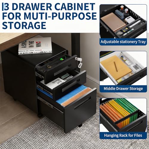 TrailBlaze 3-Drawer Mobile Metal File Cabinet with Lock, Fully Assembled