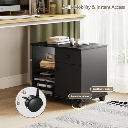 Quikraen Wooden Rolling File Cabinet with Open Shelves & Lockable Door, 23.6" Mobile Storage Cabinet on Wheels, Lateral Office Filing Cabinet with Drawer for Home Office, Black