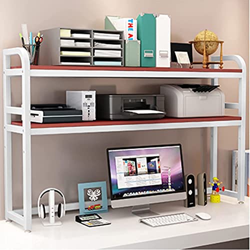 2 Tier Adjustable Office Desk Bookshelf, Desktop Bookcase for Computer Desk，Wood and Metal Printer Stand Office Supplies Organizers and Accessories Storage Display Shelf for Women Man and Kids ( Color