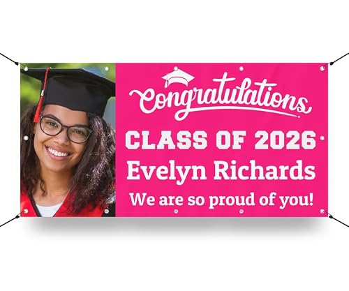 Personalized Graduation Photo Vinyl Banner Sign - Class of 2026 Custom Photo and Name - Milweb1 - Pink - 3'x6'