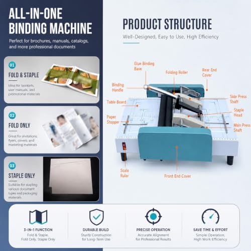 GmhXylophyte Booklet Maker Machine, A3 Paper Folder Stapler Machine 2-in-1 Design with Silicone Folding Rollers, Stable Paper Feeding; Minimizes Paper Jams, Rugged and Durable C