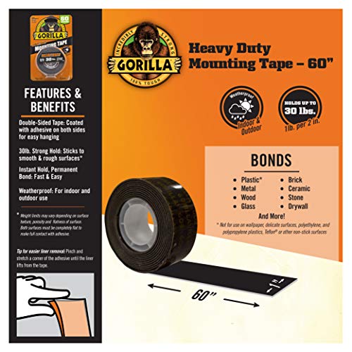 Gorilla - Heavy Duty Double Sided Mounting Tape; Weatherproof; 1" x 60"; Black; (Pack of 3)