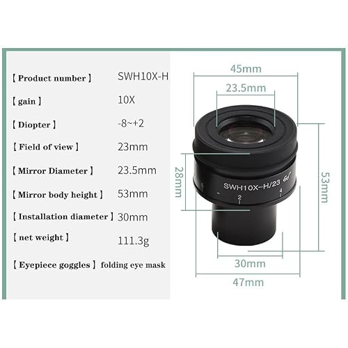 Microscope Accessories Kit 10X-H/23mm 10X/25MM Stereo Microscope Metal Eyepiece Large Field Adjustable for Tube Size 30mm Rubber Lens Hood Microscope Slides(1pc 10x 23mm)