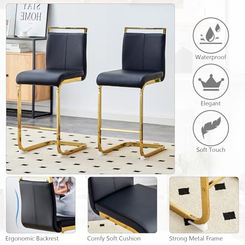 Sweiko 3-Piece Dining Table Set,Kitchen Glass Round Small Table with Modern PU Leather Chairs for Small Spaces（Golden Table + Black Chairs）