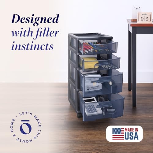HOMZ Drawer Tower, 4-Tier Storage Cart with Removable Wheels, Black Frame