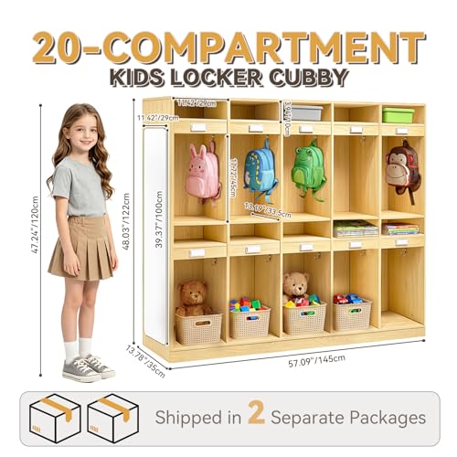20-Section Classroom Coat Locker with Scratch-Resistant Mirror, Daycare Cubbies with Acrylic Name Tags & Hooks & Storage Cubbies, Natural Wood Classroom Cubbies for Classroom, Home, School, Nursery
