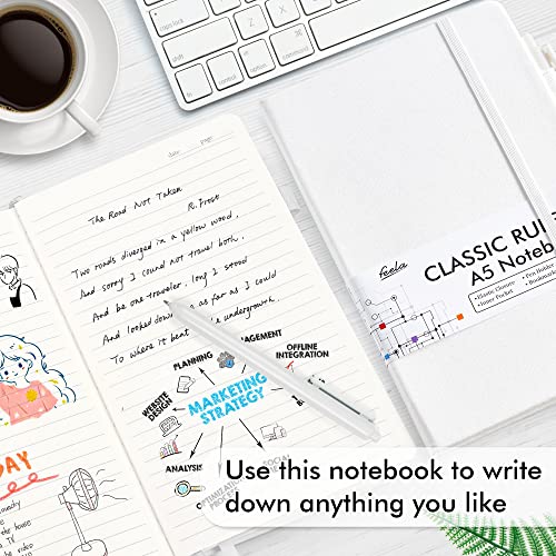 feela College Ruled Notebooks, 24 Pack Business Notebook Hardcover Lined Writing Journal with Pen Holder for Men Women Note Taking, with 24 Black Pens, 120 GSM, 5.1”x8.3”, A5, White