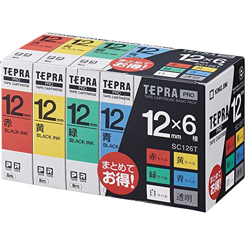 King Jim SC126T Tepra PRO Tape Cartridge, Basic Pack, 0.5 inches (12 mm), 6 Pieces (Red, Yellow, Green, Blue, White, Transparent, Black Letters), Length 22.8 ft (8 m)