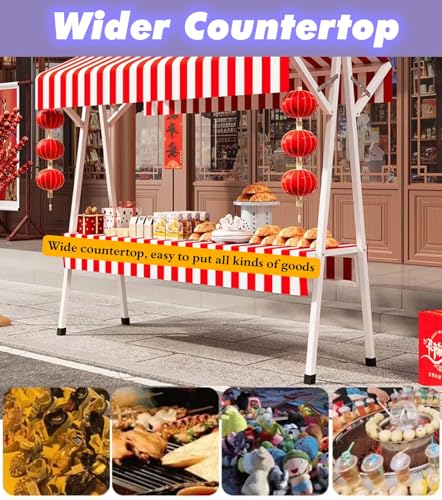 MLYAYE Retail Display Stand Red Green for Vendor Booth, Portable Carbon Steel Folding Shop Concession Stall Shelf with Awning & Tablecloth for Selling Food/Market Vending(Red,L 43 inch)