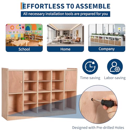 GarveeTech Cubby Tray Storage Cabinet with 2 Doors, Storage Organizer Cubes with 2 Anti-Flip Fittings, 4 Castors and 2 Boxes for Home, School, Kindergarten, Classroom Furniture, Natural