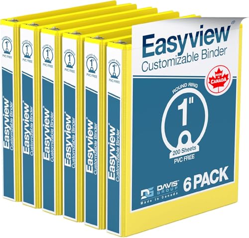 Easyview 3-Ring Binder, Clear-View Cover, 1" Round Rings, Yellow, 6 Pack