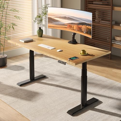 FLEXISPOT E6 Pro Organic Modern Bamboo Standing Desk, Electric Dual Motor 3-Stage Height Adjustable Desk with Oval Legs, Heavy Duty 330lbs, 55" x 28" Bamboo Desktop, Black Frame