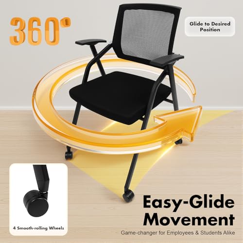 WoopJeem Reception Chair, Foldable Office Chairs with Flip-Up Table and 4 Wheels, 440.92 lbs Loading Capacity Conference Room Chair, Portable Stackable Chairs for Home, Office, Meeting, Lobby (1)
