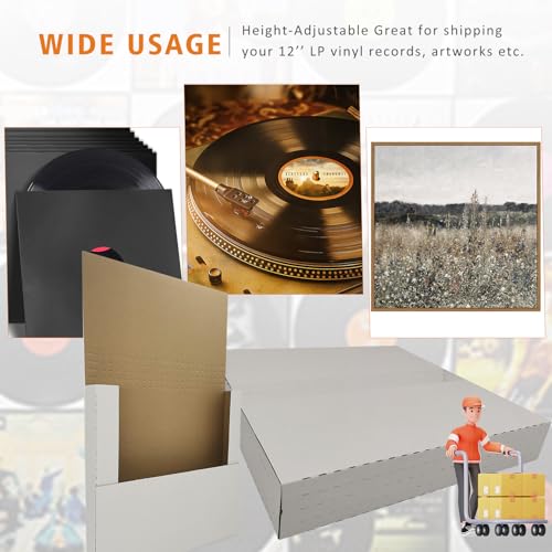 CH-BOX 100 Pack Vinyl Record Shipping Mailing Box Mailers for 12-inch Lp Album, 12.5" x 12.5" x 2", Height Adjustable Cardboard, White (EM1212-100)