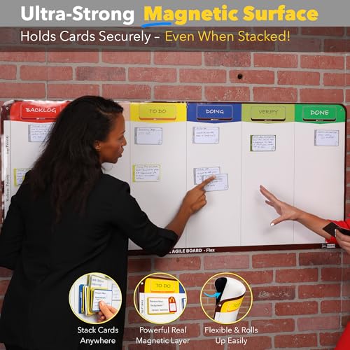 PMXBOARD 6-Column Magnetic Kanban Board Kit – Board + 106 Magnetic Cards | Flex Dry Erase Scrum & Project Planning Whiteboard
