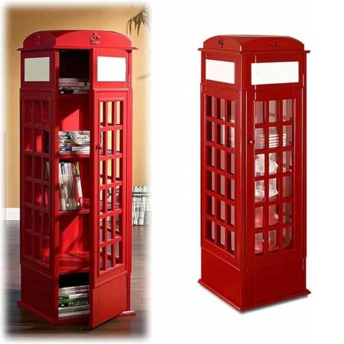 LJLYYDS Wooden Telephone Standing Bookshelf Vintage,5-Tier Floor Standing Telephone Booth Bookshelf with Acrylic Door,Living Room Storage Display Bookshelf,for bookstores, Living Rooms Red