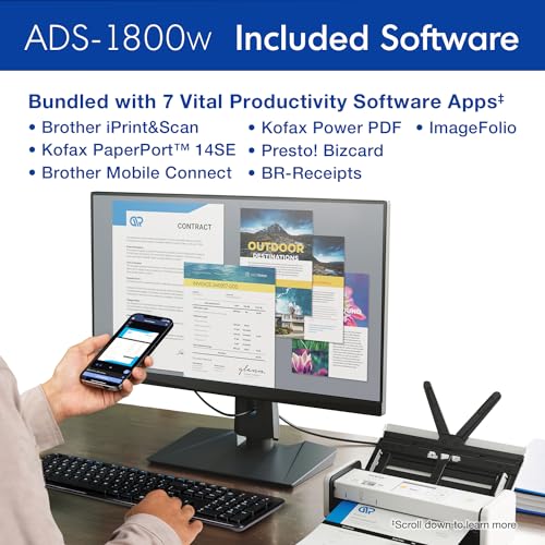Brother ADS-1800W Wireless Compact Desktop Scanner | Scan Speeds of Up to 30ppm | 2.8" Color Touchscreen