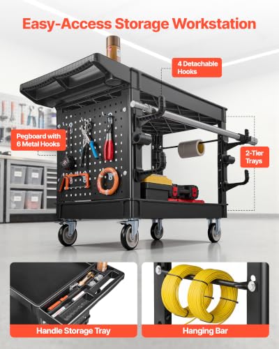 VEVOR Utility Cart with Tray & Pegboard, 44.8 x 24in 2 Tier Service Cart with 360° Swivel & Fixed Wheels (2 Brakes), 550 LBS Work Cart Tub Storage W/Deep Shelves, Tool Storage for Garage Warehouse