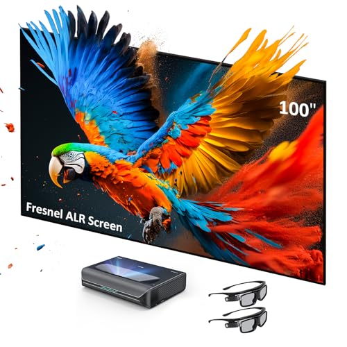 NexiGo Aurora Pro Ultra Short Throw 4K Tri-Color Laser Projector with 100" Fresnel ALR Screen and DLP Link 3D Glasses, 2400 Lumens Brightness, Dynamic Laser Dimming, 85% ALR for Clear Daylight Viewing