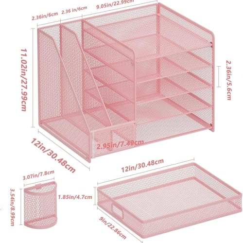 HurtSong Desk Organizers and Accessories with File Holder, 5-Tier Desk Accessories & Workspace Organizers with Drawer and 2 Pen Holder, Paper Organizer for Office Supplies(Pink)