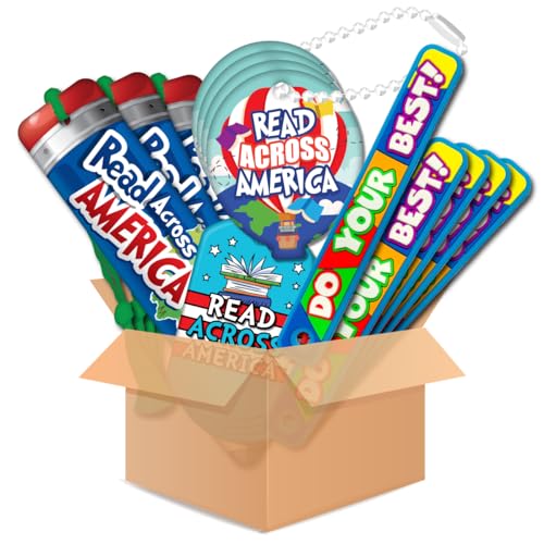 2024 Celebrate Read Across America Day School Pack for 100 Students: Five Items per Student- 2 Brags Tags w/ 4 in. Chain, Bookmark w/Tassel, & Rubbery 3D Brag Stick.