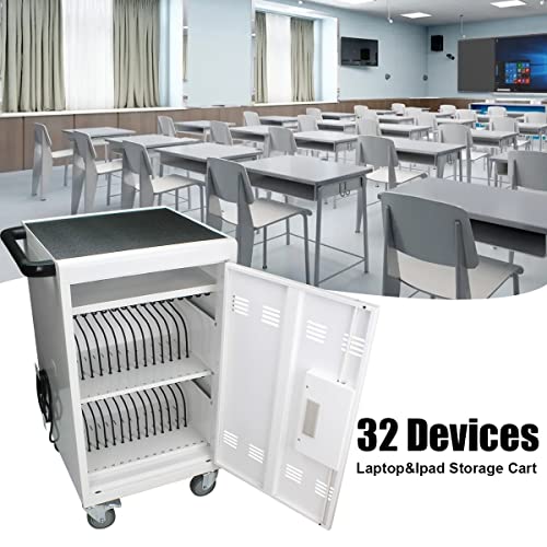 30-Device Mobile Charging Cart with Power Strip, Locks White with Code Lock