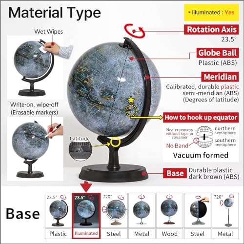 Mapsoft Explorer Illuminated Gray Moon Globe, 24cm/9.5", MI-24, Moon lamp, Moon light, Lunar Globe