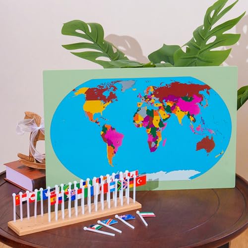 Premium Montessori World Flags Set with 22" Wooden Map- 36 Country Flags, Solid Beechwood, Educational Toy for Kids, Homeschool Classroom Geography Materials(Flags of The World) (Flags of the World)