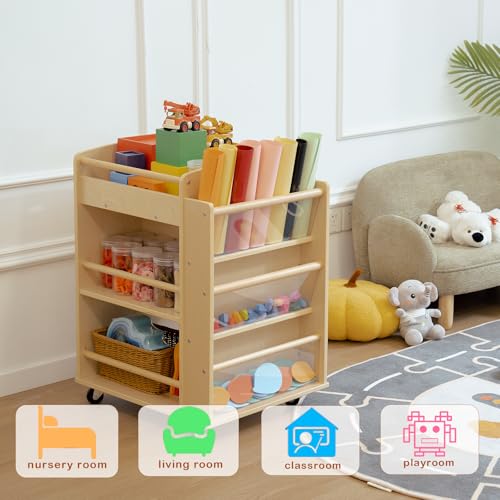 kidi house Art Cart Organizer on Wheels 3-Tier Wooden Rolling Craft Cart