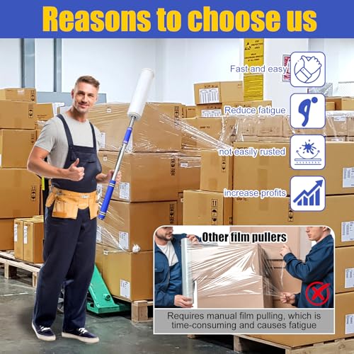 Long Handle Pallet Stretch Wrap Dispenser, Stretch Film Packing Machine, Stretch Film Dispenser Pole Holder, for Film Width 12-20 inch、Rolls 1.5" to 3" Diamater Cores Pallet Wrap (48in) (2 PCS)
