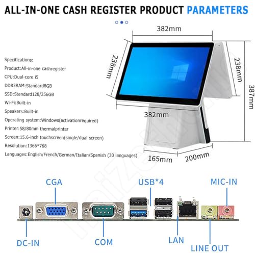 HaiZethonic 15.6" Dual Touch Screen POS System,with 8GB RAM & 128GB/256G SSD for Small Business All-in-One Cash Register,MultiLanguage Support,for Retail & Restaurant Single-128G/58mm
