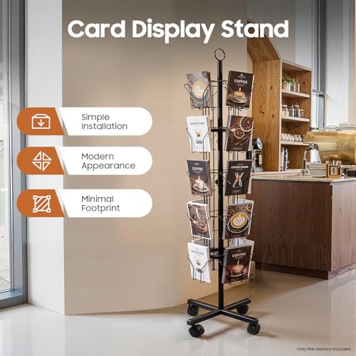 Rotating Greeting Card Rack, 20 Pocket 5 Tier Display Stand 360° Rotating Floor Stand Metal Postcard Holder Pocket Rotating Holder w/ 4 Wheels for Postcard Sticker Holiday Gift Card Retail (Black)