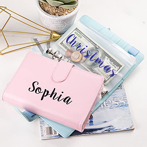 Custom Name PU Leather Notebook A6 Binder with 6 7 8 9 10pcs Plastic Binder Pockets,6 Rings Zipper Envelopes Budget Binder Planner System,Money Saving Organizer for Cash,5pcs Expense Budget Paper