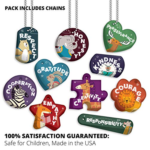 Social & Emotional Learning (SEL) Character Trait of Month Brag Tag Value Pack: 250 Tags (25 Tags for Each Shape) + 75 USA-Made Hypoallergenic Aluminum Safety Chains