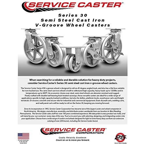 Heavy Duty Swivel Caster Set of 4 with 4 Inch V-Groove Semi Steel Cast Iron Wheels and Bronze Bearings - Includes 2 Swivel with Brakes and 2 Rigid - 3,200 lbs. Total Capacity - Service Caster Brand