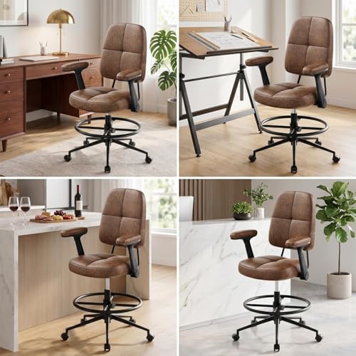 Marsail Ergonomic Drafting Chair for Standing Desk, 330lbs Heavy Duty Tall Office Chair with Adjustable Foot Ring & Flip-Up Arms, Comfort Brown Leather, 3.5" Thick Cushion