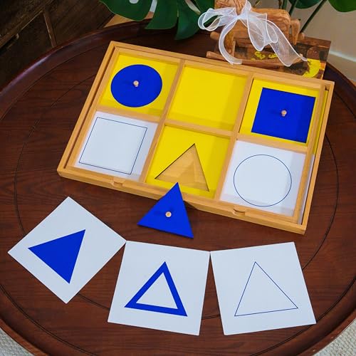 Premium Montessori Large Geometric Demonstration Tray 17.7in, Beechwood Sensorial Materials for Kids, Wooden Geometry Puzzle with 6 Shapes, Preschool Homeschool Learning Toys Toddlers Shape Sorter
