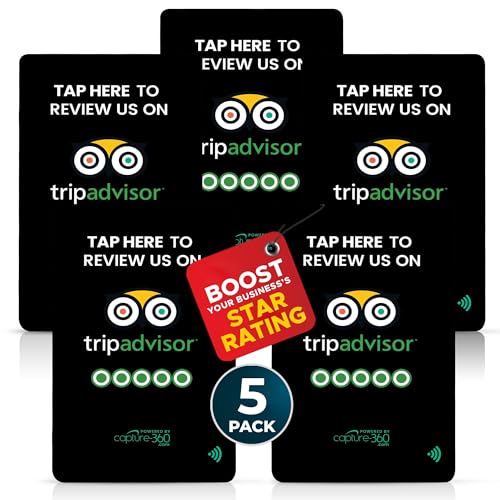 TripAdvisor NFC Review Card - Digital Business Signage, Acrylic Desk Display, Customizable NFC Tag for Effortless Feedback Collection, Quick Activation, Small Business Compatible - Black (Pack of 5)