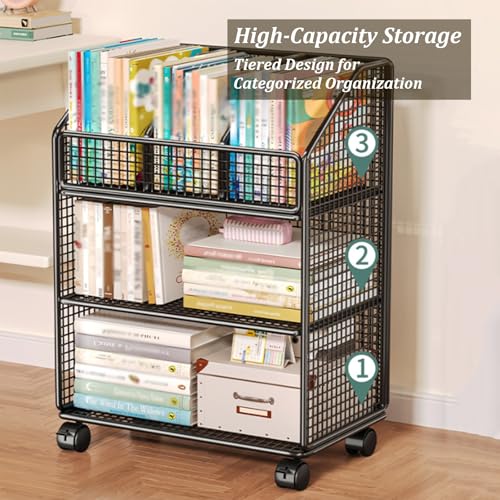 Rolling Book Cart with Wheels, 3 Tier Metal Movable Storage Bookshelves, Narrow Clear File Folder Organizer Cart, Multifunctional Storage Rack for Office School Bedroom(White)