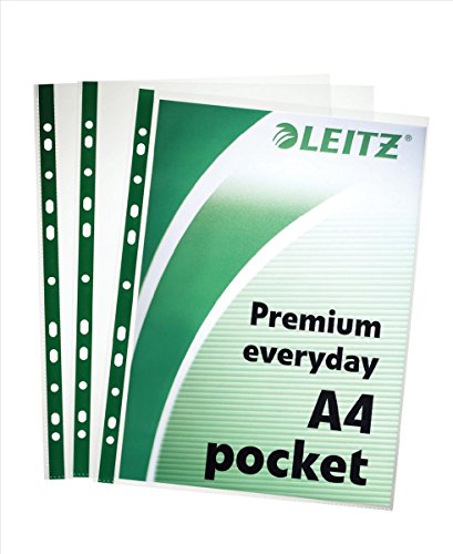 Leitz Premium Everyday Punched Pocket with Green Strip, Pack of 100, Holds up to 20 A4 Sheets, Transparent, 80 Micron PP Material, 47710002