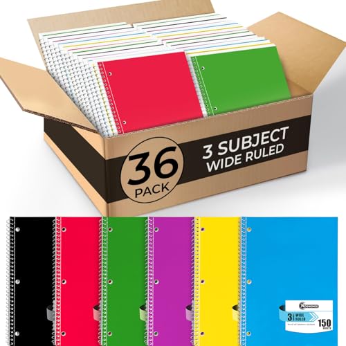 Rosmonde 3 Subject Spiral Notebook, 36 Pack, Wide Ruled Bulk, 150 Sheets